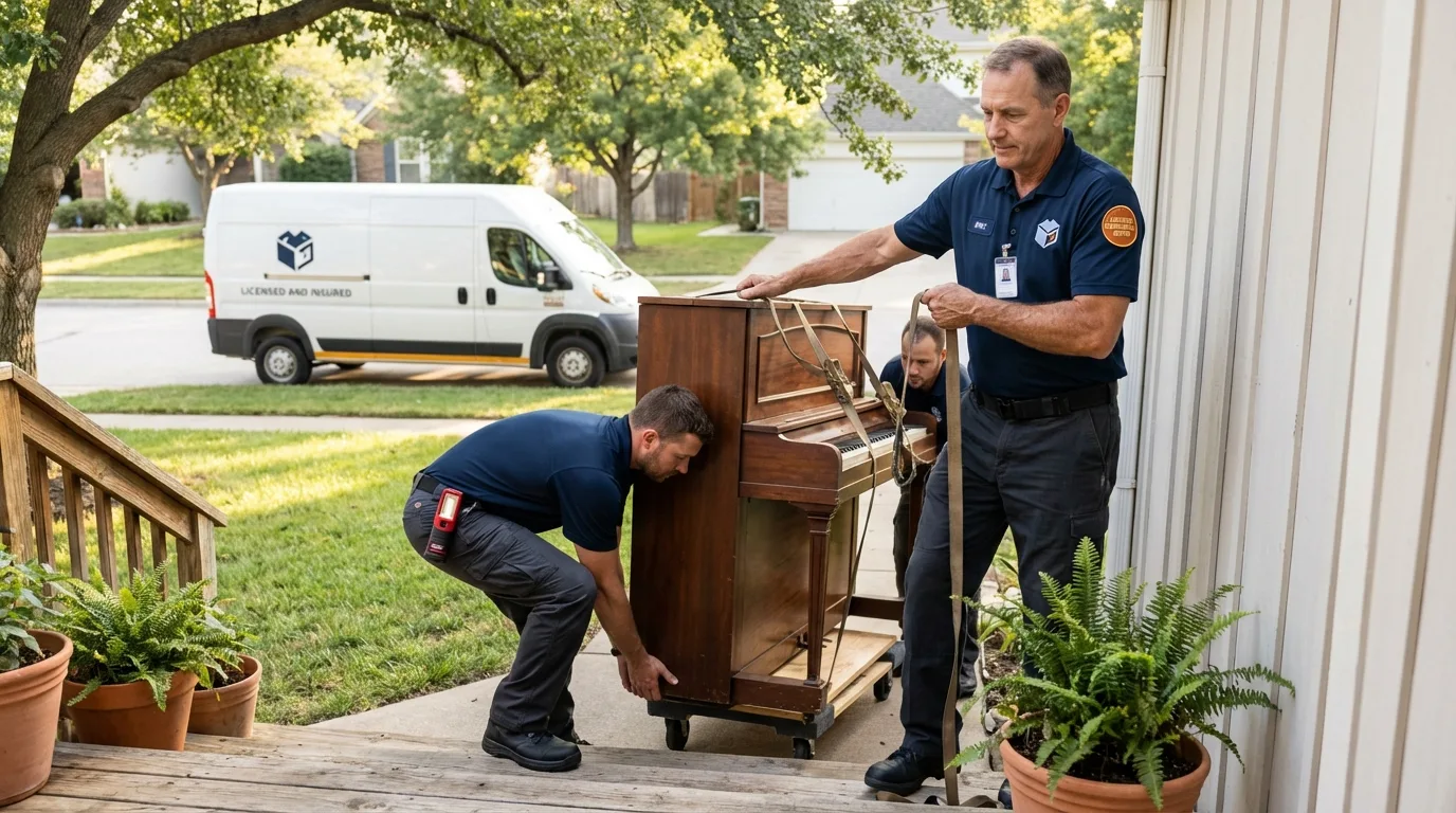 Licensed piano movers securing grand piano in Andalusia, AL