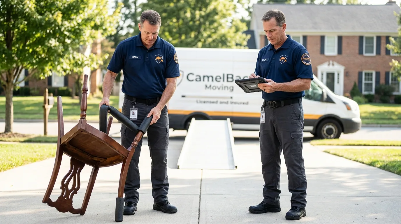 Movers inspecting furniture for damage prevention before loading in Andalusia, AL