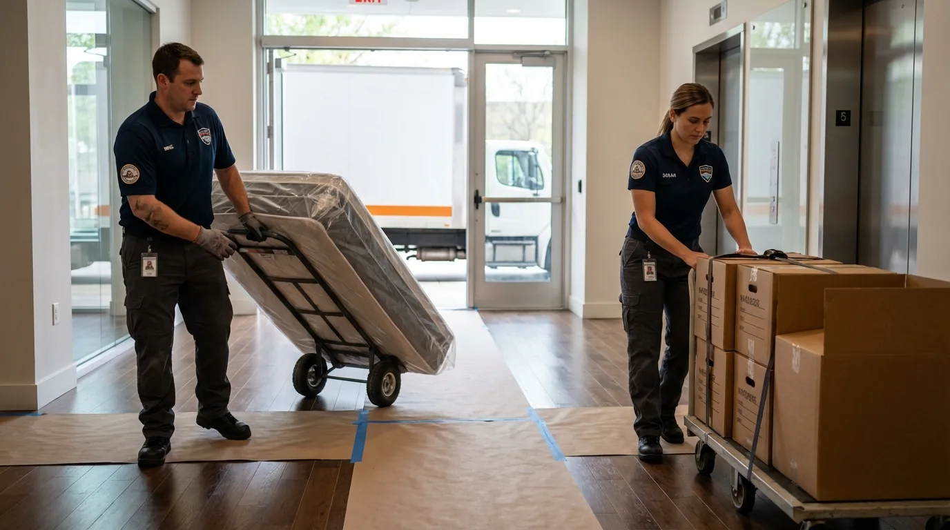 Professional apartment movers loading elevator in Andalusia, AL